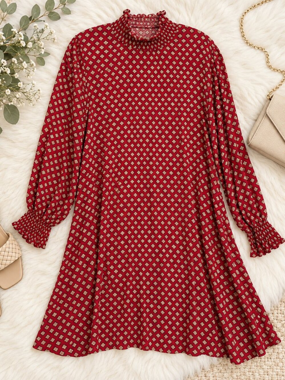 MPC Burgundy Red Geometric Print Smocked Ruffle Neck Shift Dress Size M